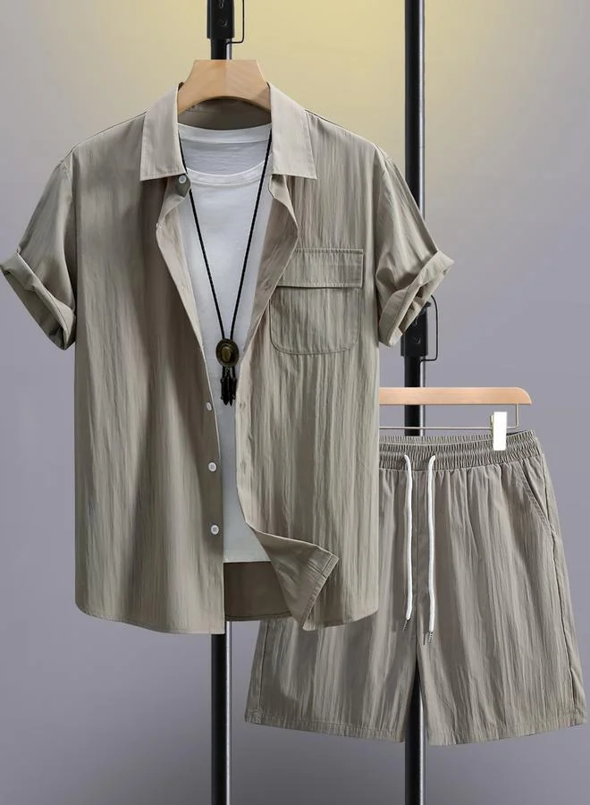 Take Two Take Two Men Beige Solid Pocket Detail Shirt and Shorts Co-Ords