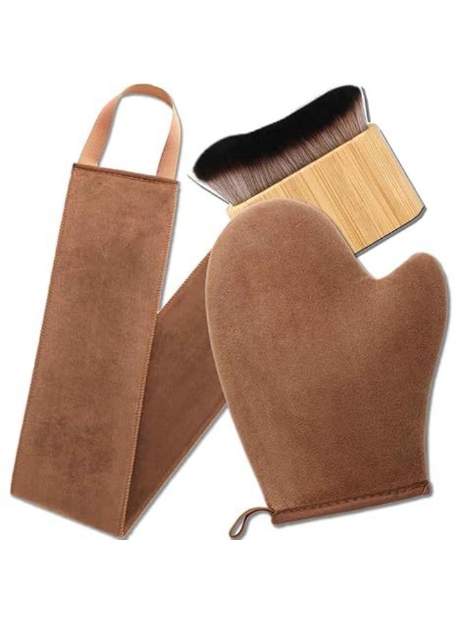 Self Tanning Mitt and Kabuki Brush 3-in-1 Set, Double-Sided Velvet Glove with Non-Slip Grip, Body and Face Applicator for Streak-Free Sunless Tan, Back Tanning Applicator and Mitt, Black, 3 Pcs - Image 1