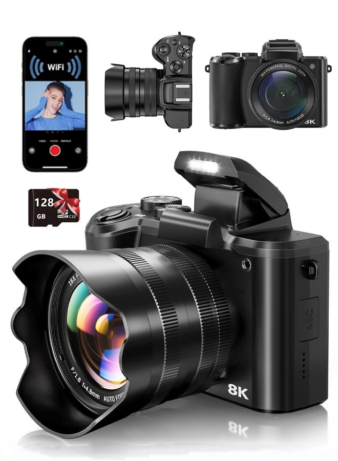 8K Digital Cameras for Photography - Autofocus 88MP WiFi Vlogging Camera for Tiktok with Dual-Lens - 16X Digital Zoom Vlog Camera with Lens Hood, 128GB TF Card - Image 1