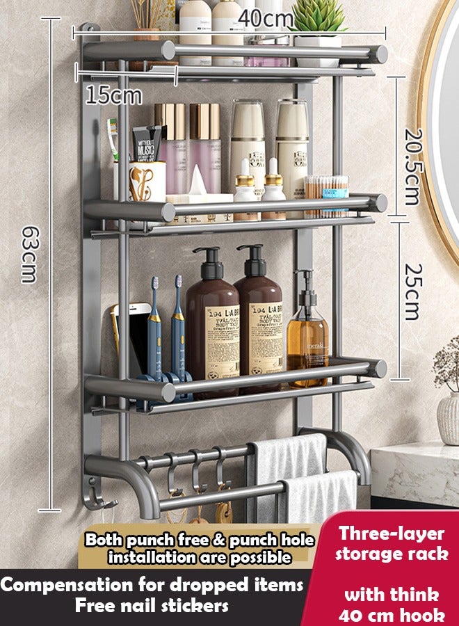 زي سي إم - هابي رف تخزين معدني للحمام بمساحة واسعة من ثلاث طبقات - منظم للحوض والمرحاض مثبت على الحائط بدون ثقب، محمل عالي التحمل، مثالي لتخزين جدار الشرفة أو الحمام (40 × 63 سم) - Image 2
