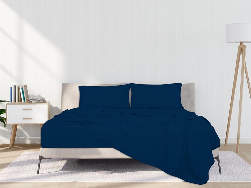ROYALE LINENS رويال لينينز - طقم شراشف كاملة 4 قطع - فراش مايكروفايبر ناعم 1800 - 1 شرشف مجهز، 1 شرشف مسطح، 2 كيس وسادة - طقم شراشف كاملة فاخر مقاوم للتجعد والبهتان (كامل، كحلي) - Image 5