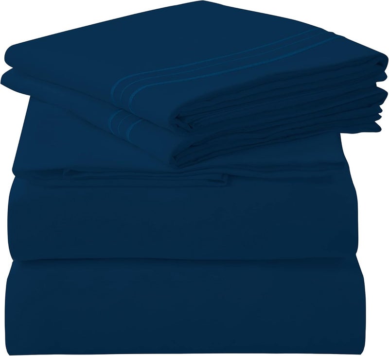 ROYALE LINENS رويال لينينز - طقم شراشف كاملة 4 قطع - فراش مايكروفايبر ناعم 1800 - 1 شرشف مجهز، 1 شرشف مسطح، 2 كيس وسادة - طقم شراشف كاملة فاخر مقاوم للتجعد والبهتان (كامل، كحلي) - Image 1
