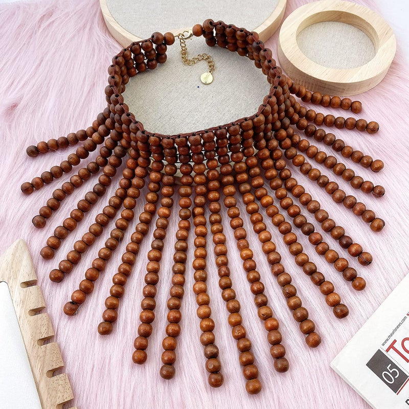 Coiris Boho African Wooden Beaded Bib Statement Necklace Strands Layered Cluster Chunky Collar Choker Wood Necklace for Women Fashion Costume Jewelry(N0065-Brwon) - Image 2