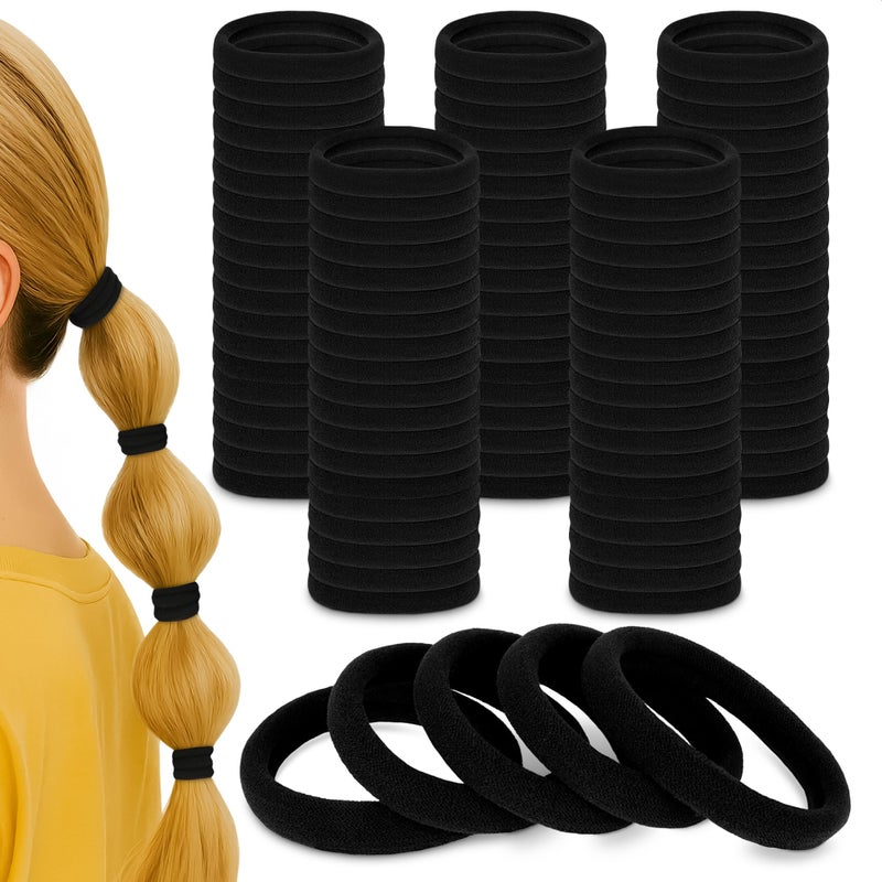 100 Pcs Soft Black Hair Ties Bulk 19 Seamless Cotton Ponytail Holders Small Black Elastic Hair Ties No Damage Breathable Gentle to Wear Elasticity Strength Reliable Strong Hold