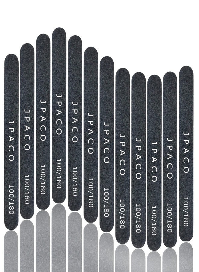 JPACO 12-Pack Professional Nail Files: Double-Sided 100/180 Grit Emery Boards for Natural, Acrylic, Poly, and Gel Nails - Washable Black Manicure Tools Set by JPACO - Image 1