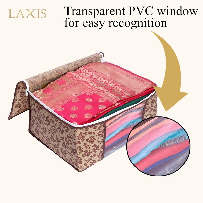 LAXIS Saree Covers With Zip NonWoven Printed Saree CoverSaree Organizer For WardrobeCloth StorageOrganizer With Transparent WindowSaree Bags StorageClothes Organizer Brown Pack of 3 - Image 5