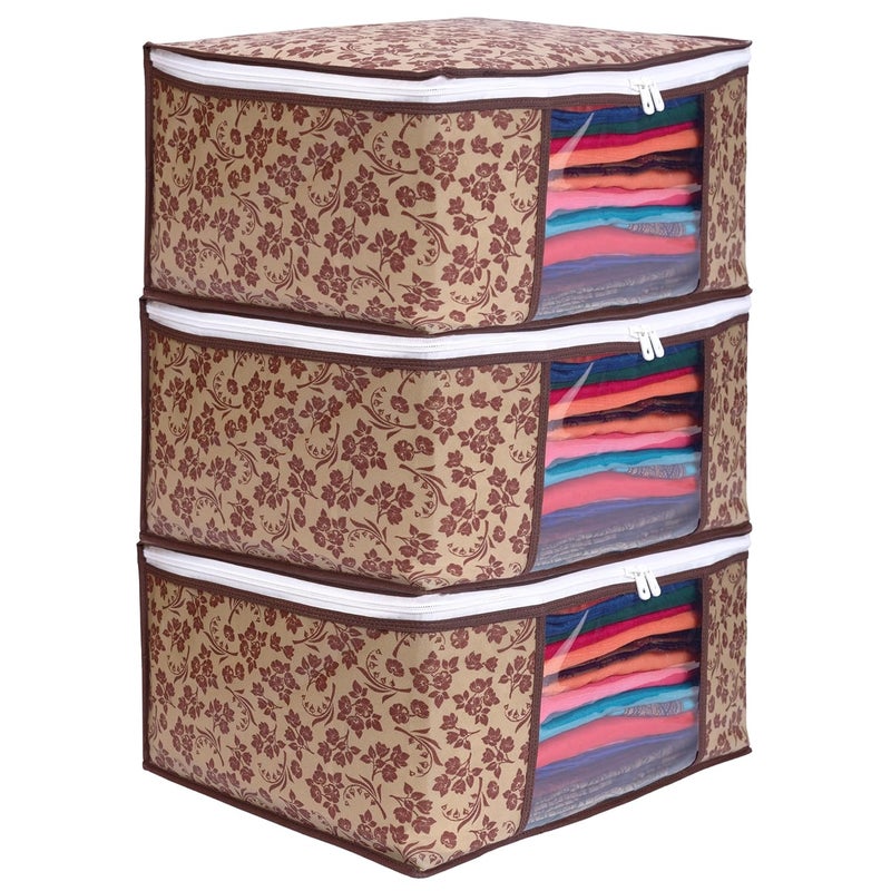 LAXIS Saree Covers With Zip NonWoven Printed Saree CoverSaree Organizer For WardrobeCloth StorageOrganizer With Transparent WindowSaree Bags StorageClothes Organizer Brown Pack of 3 - Image 1