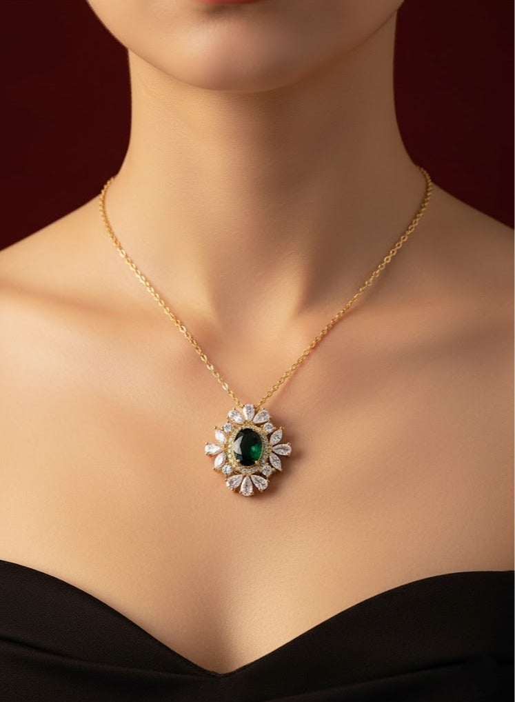 FLUFFY Elegant Necklace with Green Zircon & Crystal Embellished Pendant for Women - Image 1