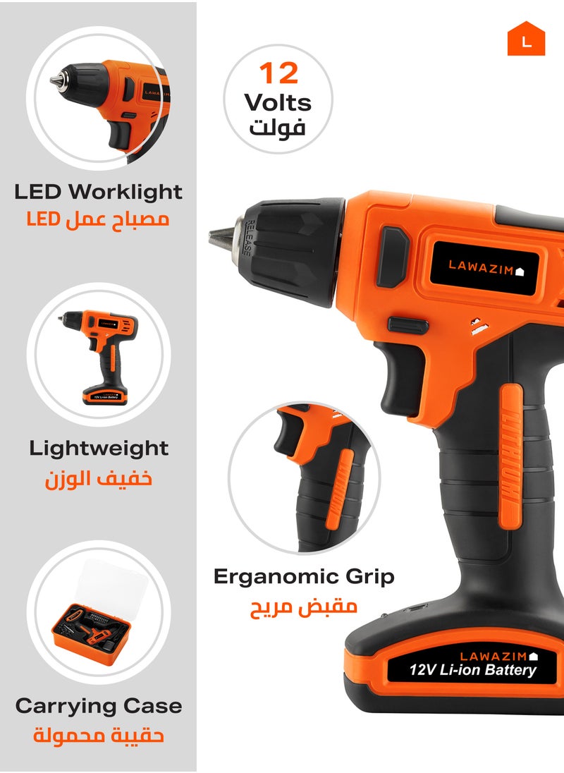 LAWAZIM Cordless Drill 12V with 16 Pieces 10mm and LED work light 1300 mAh | Electric Power Drill kit Set with 1 Charger Variable Speed | Chuck, Fast Charger and 16 PCS Accessories  - Image 2