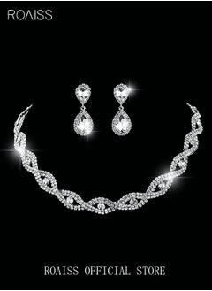 roaiss 4Pcs Crystal Rhinestone Jewelry Set Stylish Elegant Water Drop Necklace Zircon Earrings Bracelet Minimalist Gift for Women Ladies Mother Wife Wedding Party Silver  - Image 3