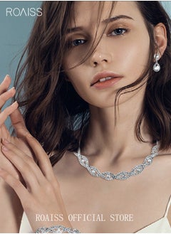 roaiss 4Pcs Crystal Rhinestone Jewelry Set Stylish Elegant Water Drop Necklace Zircon Earrings Bracelet Minimalist Gift for Women Ladies Mother Wife Wedding Party Silver  - Image 2