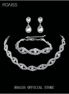 roaiss 4Pcs Crystal Rhinestone Jewelry Set Stylish Elegant Water Drop Necklace Zircon Earrings Bracelet Minimalist Gift for Women Ladies Mother Wife Wedding Party Silver  - Image 1
