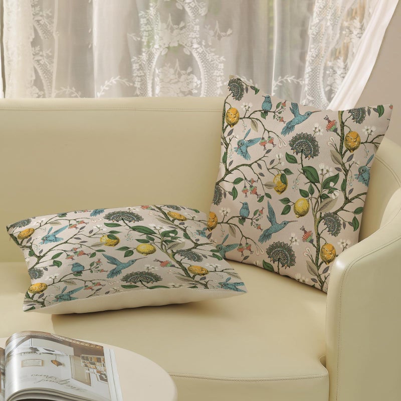 Golianda Chinoiserie Pillow Covers 20X20 Set Of 2 Blue Green Bird Floral Throw Pillows Vintage Yellow Lemon Flowers Decorations Pillowcase Outdoor Chinoiserie Decor Linen Cushion Case For Couch Home - Image 5