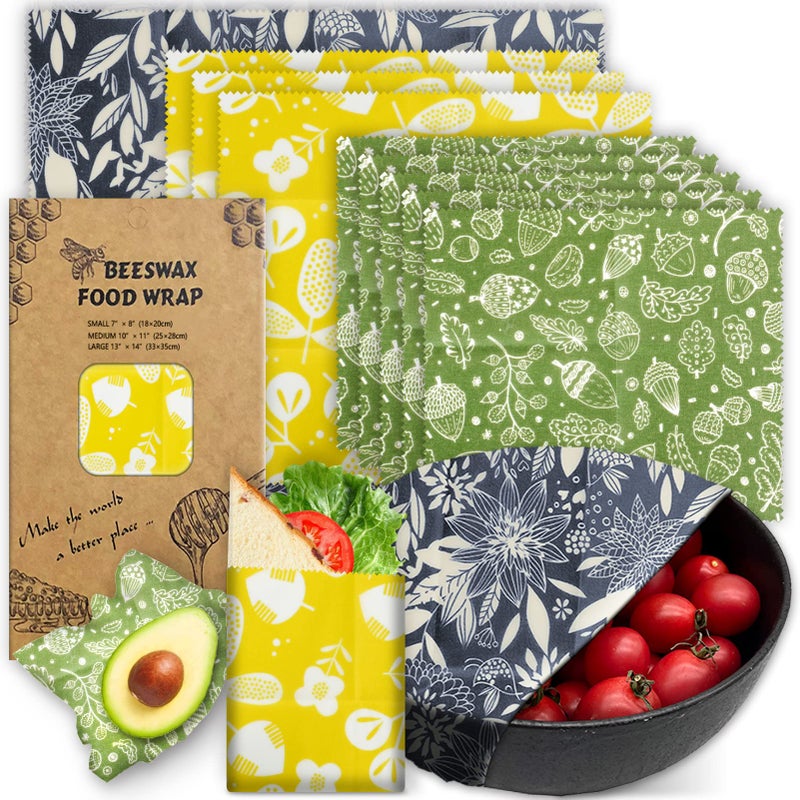 Organic Beeswax Wrap  Reusable Food Wrap Set 9 Pack  1L 5M 3S Flower Patterns  Sustainable Sandwich Storage