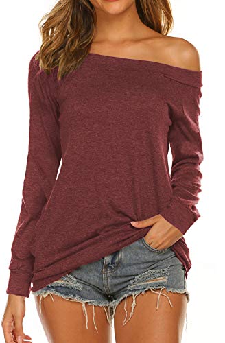 Halife Off Shoulder Blouses for Women Sexy Long Sleeve Slash Neck Tops (M, Wine Red) - Image 1