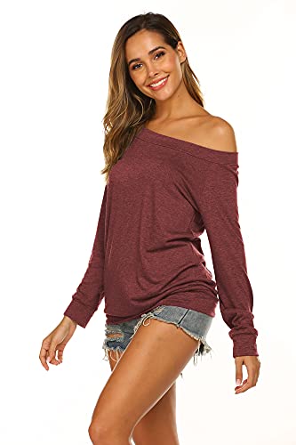 Halife Off Shoulder Blouses for Women Sexy Long Sleeve Slash Neck Tops (M, Wine Red) - Image 2