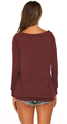 Halife Off Shoulder Blouses for Women Sexy Long Sleeve Slash Neck Tops (M, Wine Red) - Image 5