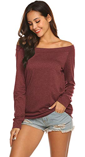 Halife Off Shoulder Blouses for Women Sexy Long Sleeve Slash Neck Tops (M, Wine Red) - Image 4
