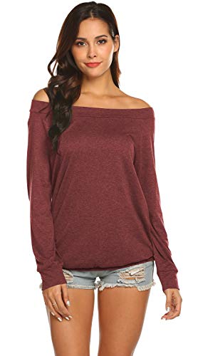 Halife Off Shoulder Blouses for Women Sexy Long Sleeve Slash Neck Tops (M, Wine Red) - Image 3