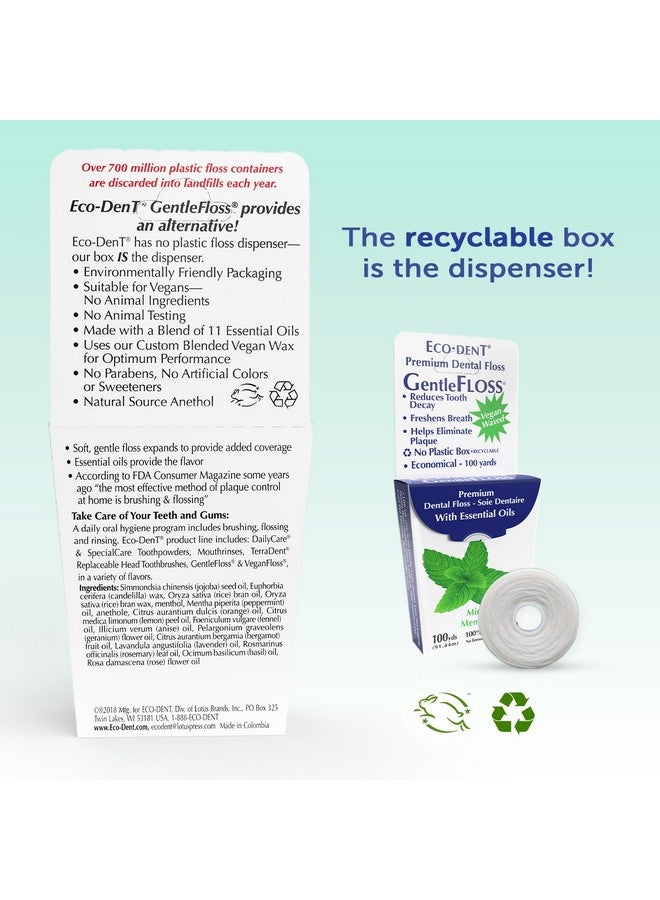 Eco-Dent Gentlefloss Dental Floss Waxed Mint Floss With Vegan Plantbased Wax Recyclable Cardboard Packaging 100 Yds Ea (Pack Of 6) - Image 2