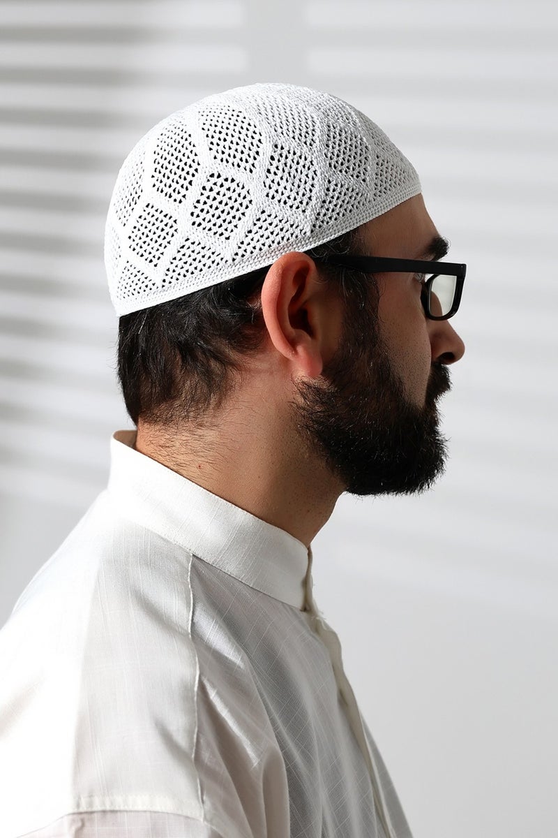 ihvanonline Machine Knitted Lace Detailed Prayer Cap White - Image 4