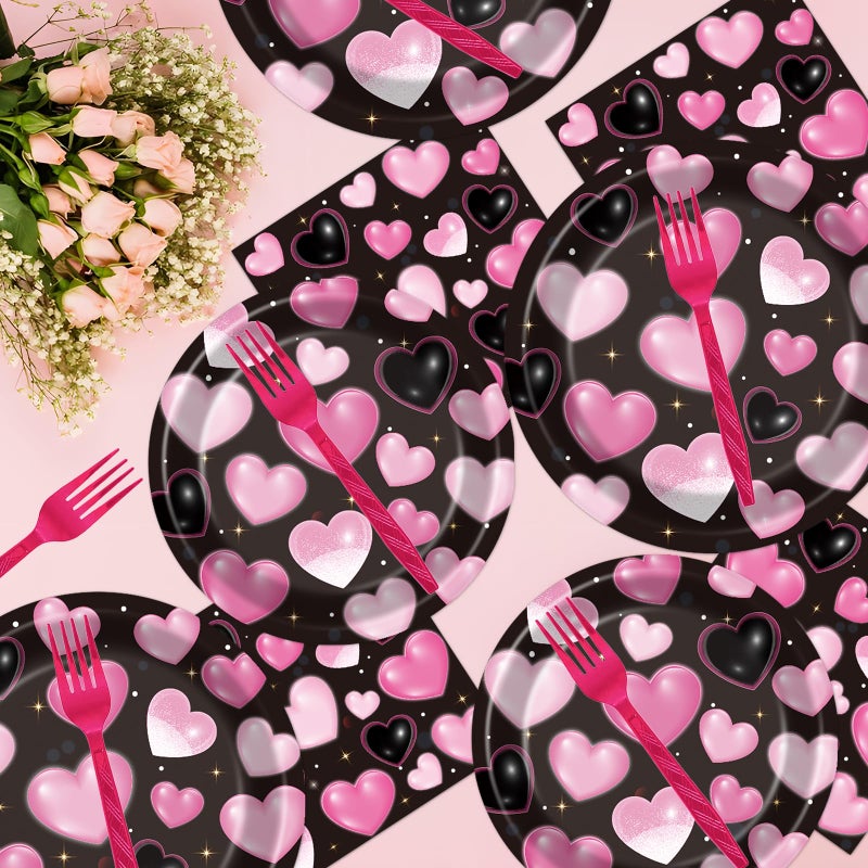 Rakuto 2000s Party Tableware Decorations, 96PCS Y2K Plates Napkins and Forks Set, Pink Heart Disposable Birthday Wedding Party Supplies Serve 24 - Image 5