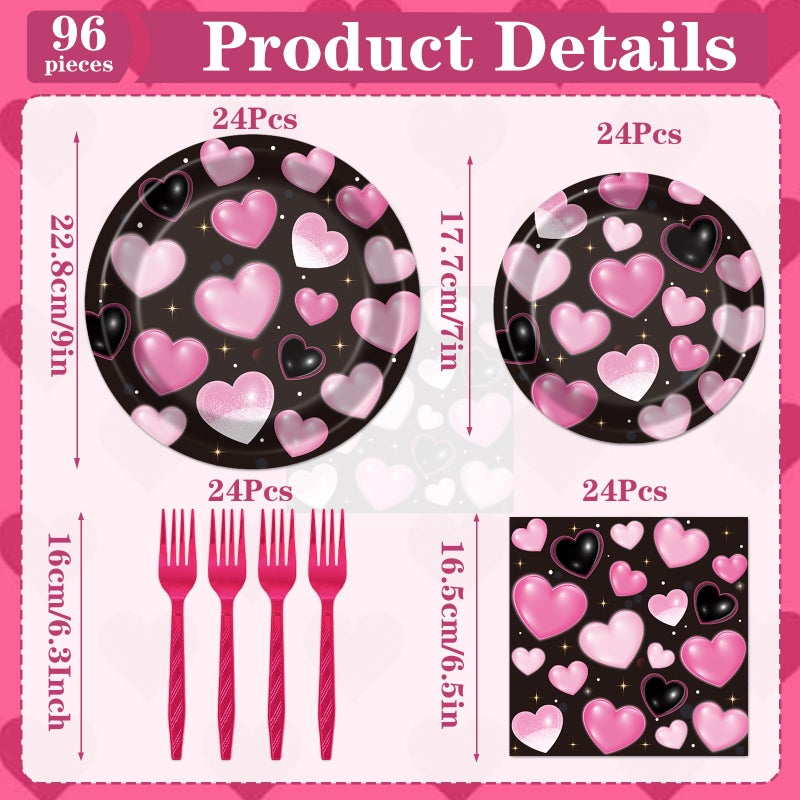 Rakuto 2000s Party Tableware Decorations, 96PCS Y2K Plates Napkins and Forks Set, Pink Heart Disposable Birthday Wedding Party Supplies Serve 24 - Image 2