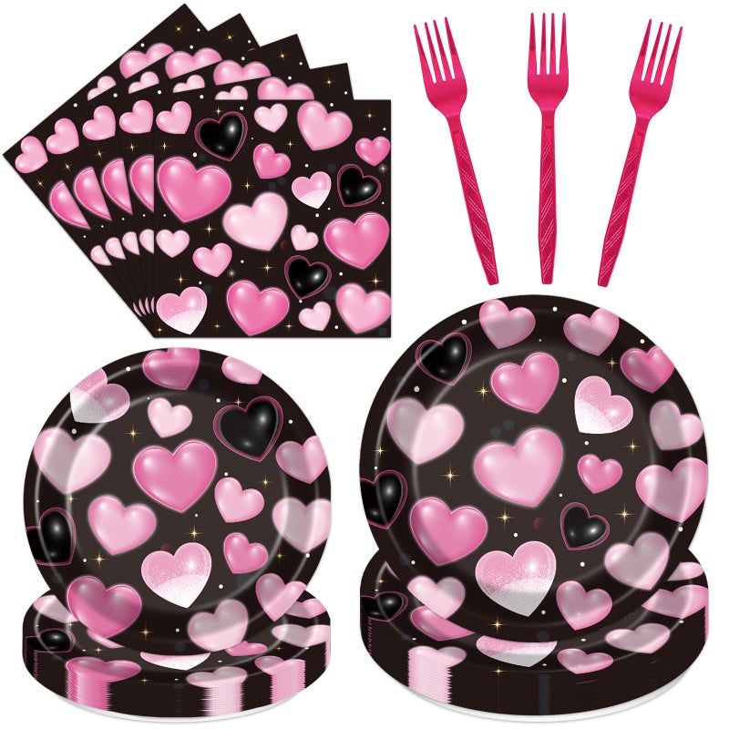 Rakuto 2000s Party Tableware Decorations, 96PCS Y2K Plates Napkins and Forks Set, Pink Heart Disposable Birthday Wedding Party Supplies Serve 24 - Image 1