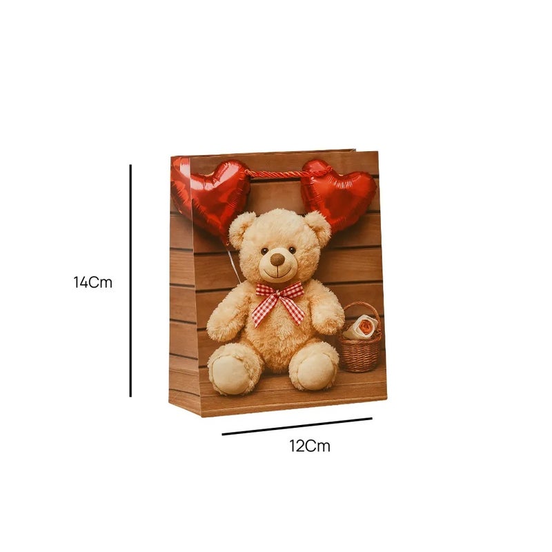 Cute Teddy And Heart Balloon Printed Eco Friendly Paper Bag With Twisted Rope Handle- 12X14cm