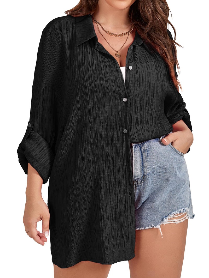 SCOMCHIC Women Plus Size Button Down Shirts Long Roll Up Sleeve V Neck Collared Casual Blouses Oversized Shirt Tops Black - Image 1
