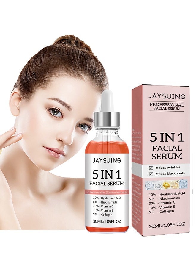 Jaysuing 5 In 1 Facial Serum,With Hyaluronic Acid,Niacinamide,Vitarmin C,Vitarmin E ,Collagen,  For Moisturizing Brightening Face Serum Anti-Aging Facial Serum For Dark Spots, Fine Lines And Wrinkles Smooth Skin 3  - Image 1