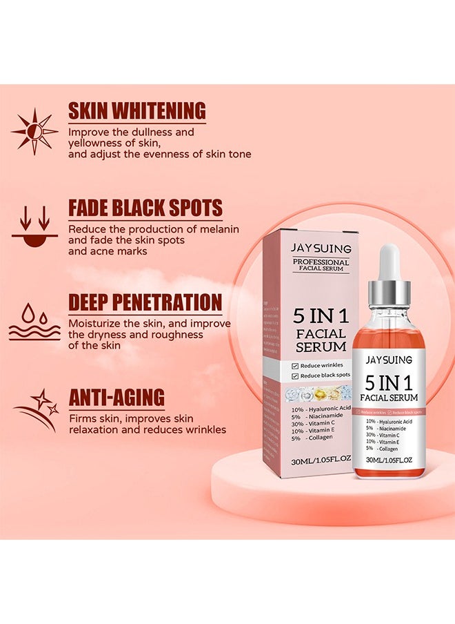 Jaysuing 5 In 1 Facial Serum,With Hyaluronic Acid,Niacinamide,Vitarmin C,Vitarmin E ,Collagen,  For Moisturizing Brightening Face Serum Anti-Aging Facial Serum For Dark Spots, Fine Lines And Wrinkles Smooth Skin 3  - Image 5