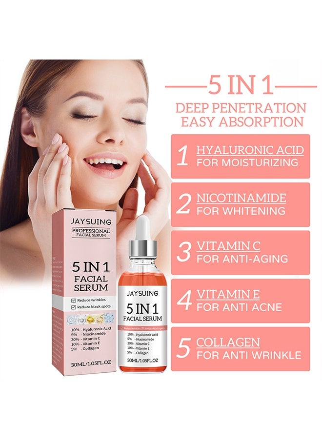 Jaysuing 5 In 1 Facial Serum,With Hyaluronic Acid,Niacinamide,Vitarmin C,Vitarmin E ,Collagen,  For Moisturizing Brightening Face Serum Anti-Aging Facial Serum For Dark Spots, Fine Lines And Wrinkles Smooth Skin 3  - Image 2