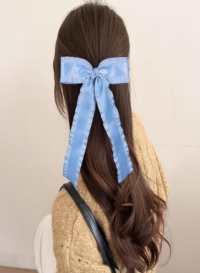 Miroksh Antique Blue 5.5in Satin Ruffle Tassel Hair Bows,Big Bowknot Alligator Clips with Long Tail, Handmade Bridal Wedding Hair Accessories for Women Girls - Image 3