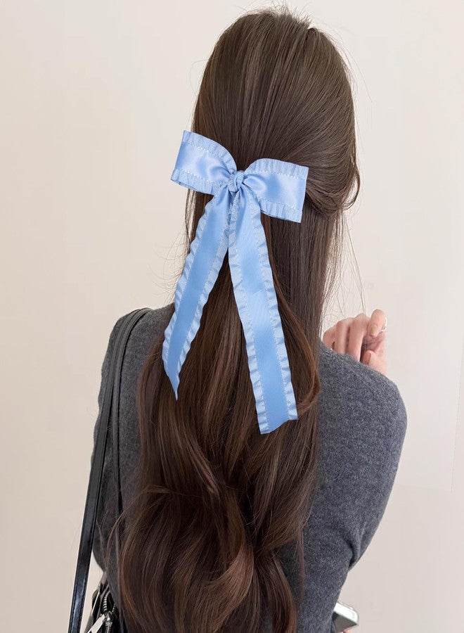 Miroksh Antique Blue 5.5in Satin Ruffle Tassel Hair Bows,Big Bowknot Alligator Clips with Long Tail, Handmade Bridal Wedding Hair Accessories for Women Girls - Image 4