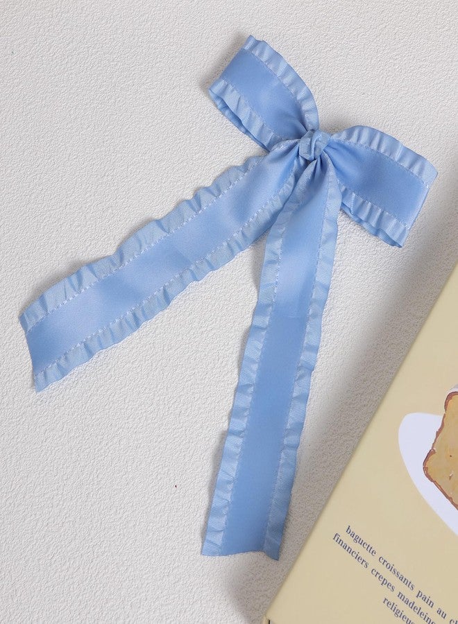 Miroksh Antique Blue 5.5in Satin Ruffle Tassel Hair Bows,Big Bowknot Alligator Clips with Long Tail, Handmade Bridal Wedding Hair Accessories for Women Girls - Image 2