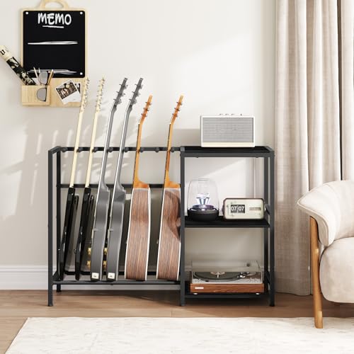 MAHANCRIS Guitar Stand, Guitar Holder for 5-6 String Instruments, Suitable for Acoustic Guitar, Bass, Guitar Rack with Side Shelves for Record Player, with Non-Slip Rubber Pads, Black GSBK9701V1 - Image 2