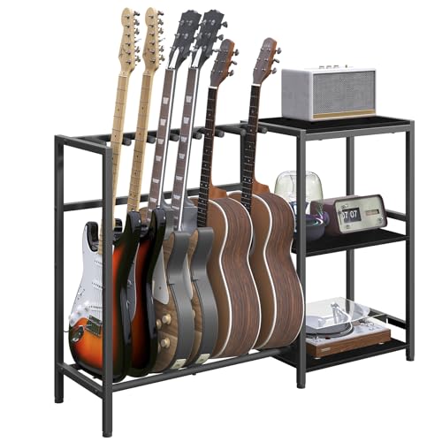 MAHANCRIS Guitar Stand, Guitar Holder for 5-6 String Instruments, Suitable for Acoustic Guitar, Bass, Guitar Rack with Side Shelves for Record Player, with Non-Slip Rubber Pads, Black GSBK9701V1 - Image 1