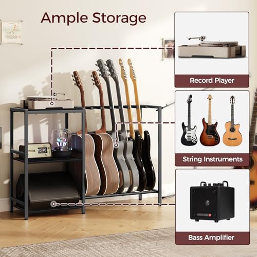 MAHANCRIS Guitar Stand, Guitar Holder for 5-6 String Instruments, Suitable for Acoustic Guitar, Bass, Guitar Rack with Side Shelves for Record Player, with Non-Slip Rubber Pads, Black GSBK9701V1 - Image 5
