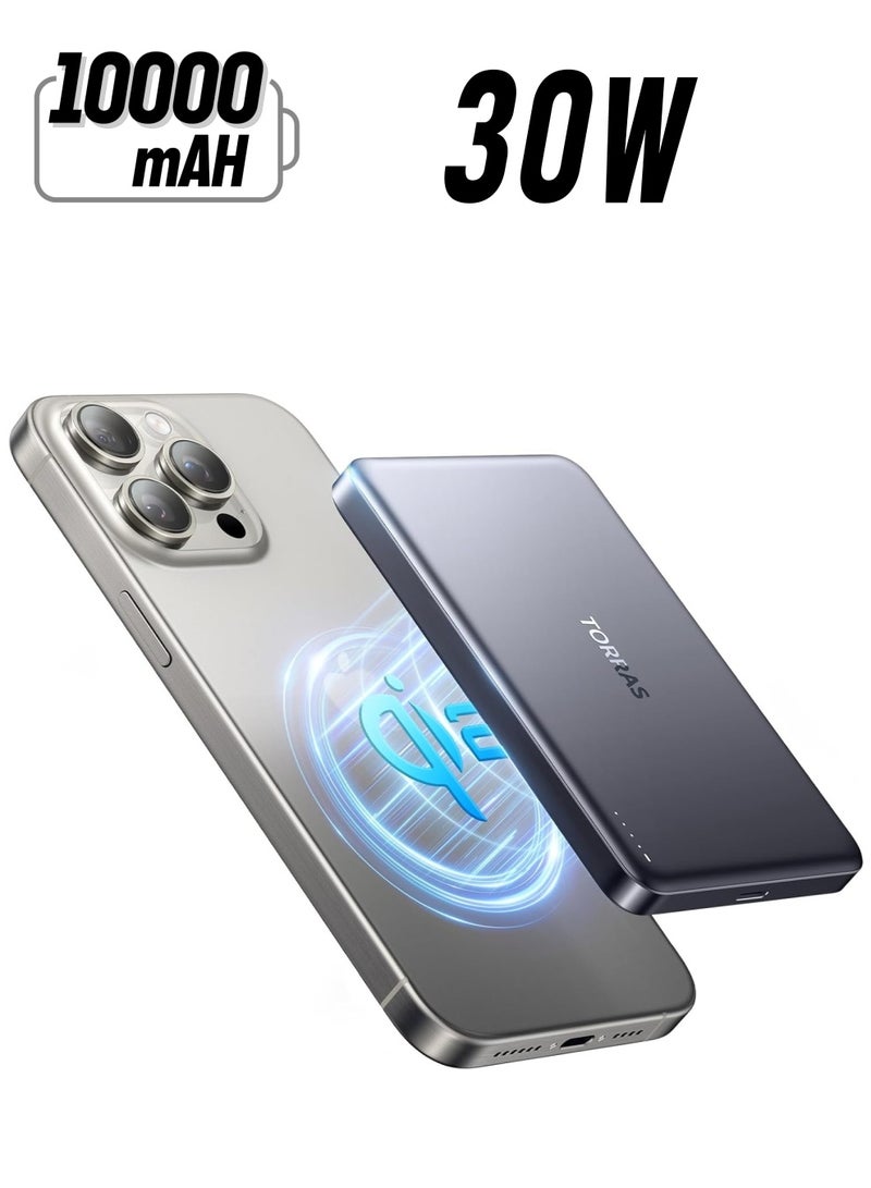 TORRAS 10000 mAh MiniMag Qi2 Power Bank, 10,000mAh Magnetic Battery Pack, Qi2 Certified 30W with USB-C Cable, 15W Ultra-Fast MagSafe-Compatible Portable Charger, for iPhone 16 Pro Max/16 Pro/16/15 - Titanium Gray - Image 1