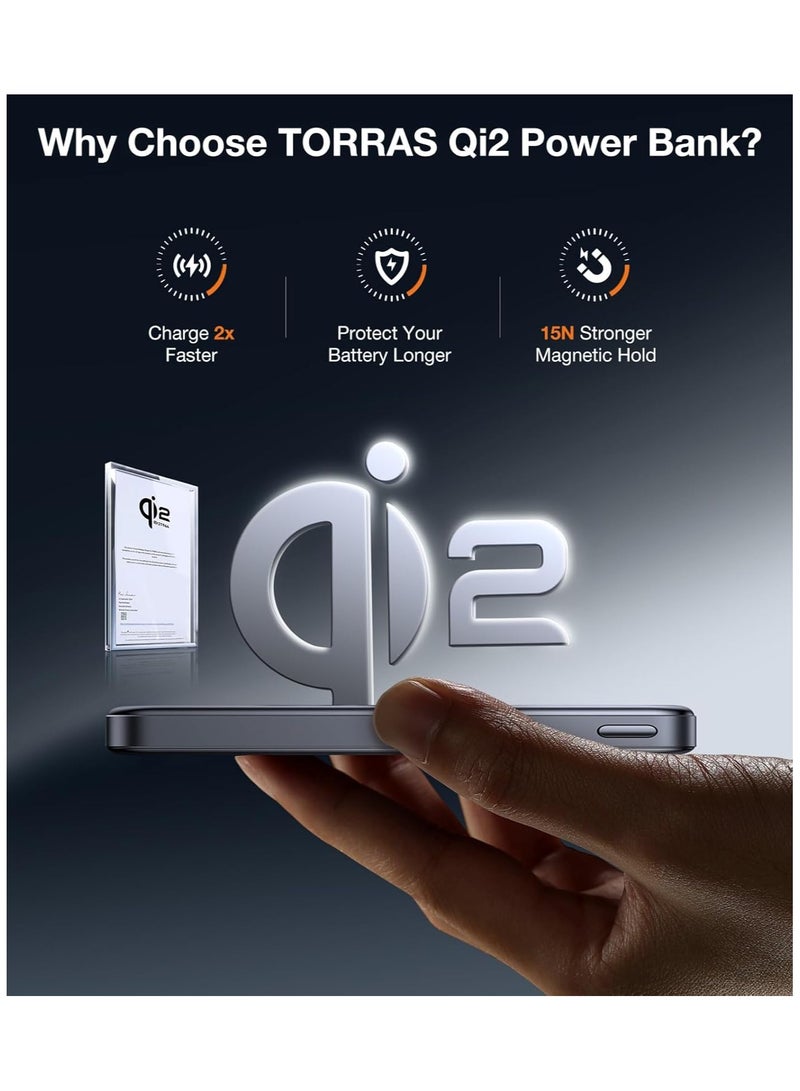 TORRAS 10000 mAh MiniMag Qi2 Power Bank, 10,000mAh Magnetic Battery Pack, Qi2 Certified 30W with USB-C Cable, 15W Ultra-Fast MagSafe-Compatible Portable Charger, for iPhone 16 Pro Max/16 Pro/16/15 - Titanium Gray - Image 4