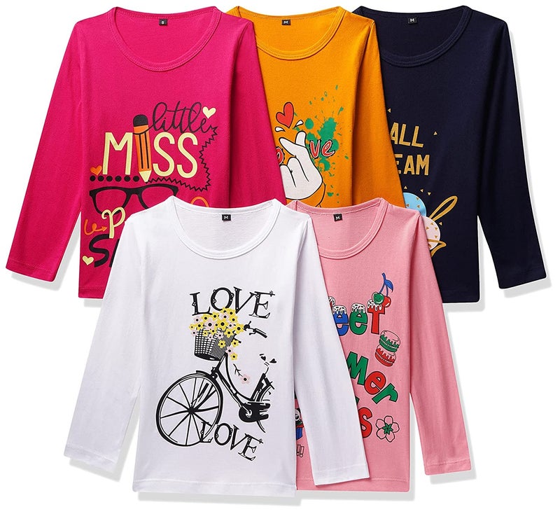 T2F Girl's Cotton Printed Regular Fit Full Sleeve T-Shirt(Pack of 5) - Image 1