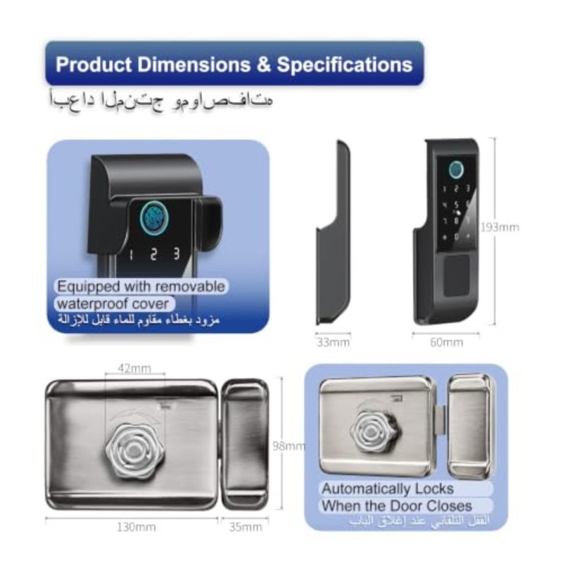 قفل الباب الذكي، قفل ذكي مقاوم للماء في الهواء الطلق، تصنيف IP65، 5 طرق لفتح بصمة الإصبع/كلمة المرور/بطاقة RFID/المفتاح الميكانيكي/جهاز التحكم عن بعد TTLock ble، مادة عالية القوة (M333-TTble) - Image 5