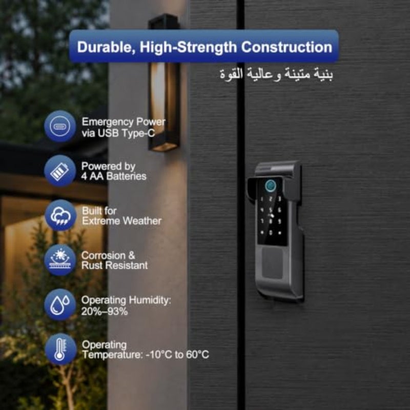 قفل الباب الذكي، قفل ذكي مقاوم للماء في الهواء الطلق، تصنيف IP65، 5 طرق لفتح بصمة الإصبع/كلمة المرور/بطاقة RFID/المفتاح الميكانيكي/جهاز التحكم عن بعد TTLock ble، مادة عالية القوة (M333-TTble) - Image 3