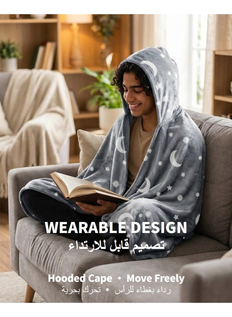 Glow in the Dark Hooded Blanket for Boys, Girls and Teens - Luminous Stars and Moon Pattern - Wearable Thick and Warm Flannel Single Blanket (250 GSM) - Grey, Size 100x150 cm, for Bed, Sofa, Outdoors and Camping, Magical Gift - Image 4