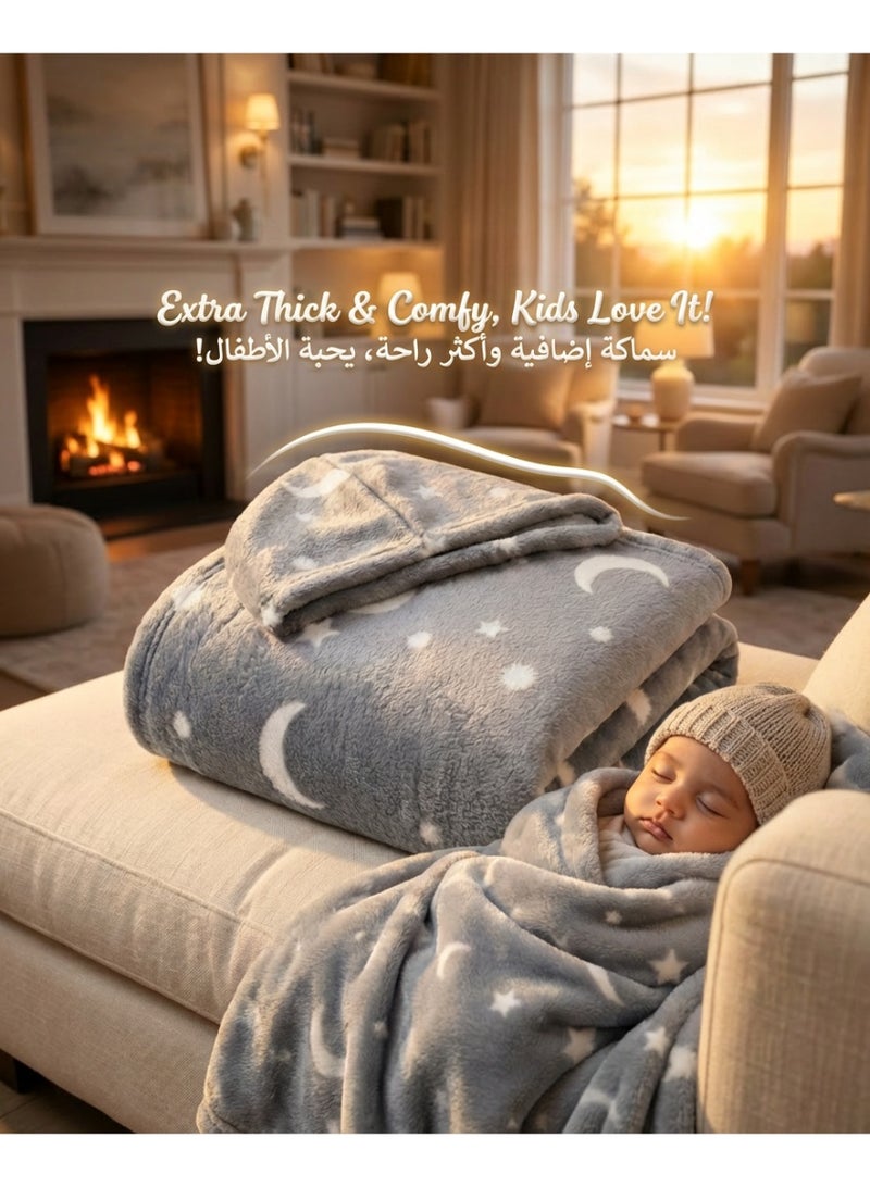 Glow in the Dark Hooded Blanket for Boys, Girls and Teens - Luminous Stars and Moon Pattern - Wearable Thick and Warm Flannel Single Blanket (250 GSM) - Grey, Size 100x150 cm, for Bed, Sofa, Outdoors and Camping, Magical Gift - Image 1