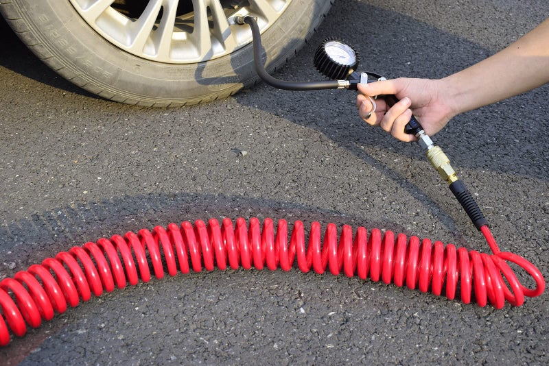 YOTOO Polyurethane Recoil Air Hose, Air Compressor Hose 1/4" Inner Diameter by 25' Long with Bend Restrictor, 1/4" Industrial Quick Coupler and Plug, Red - Image 5