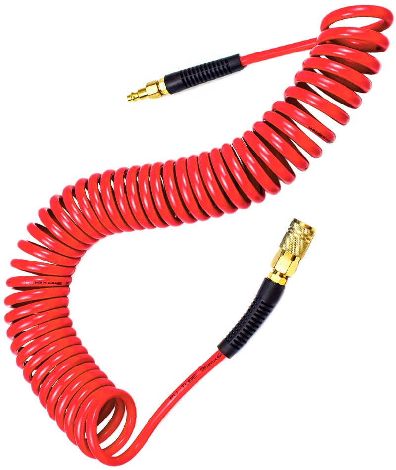 YOTOO Polyurethane Recoil Air Hose, Air Compressor Hose 1/4" Inner Diameter by 25' Long with Bend Restrictor, 1/4" Industrial Quick Coupler and Plug, Red - Image 1