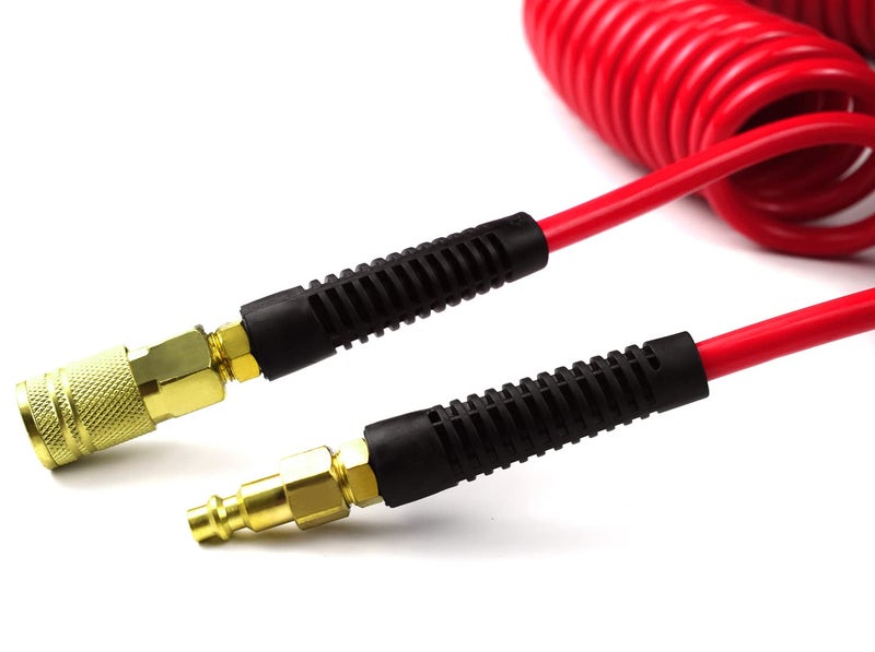 YOTOO Polyurethane Recoil Air Hose, Air Compressor Hose 1/4" Inner Diameter by 25' Long with Bend Restrictor, 1/4" Industrial Quick Coupler and Plug, Red - Image 3