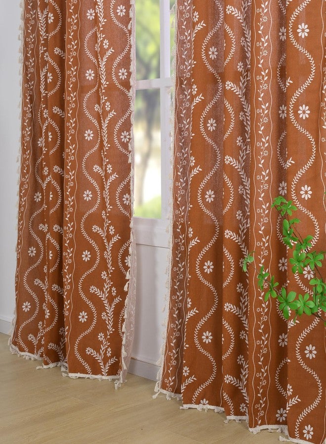 Schweek Boho Terracotta Curtains for Living Room 63 Inches Long Semi Sheer Linen Floral Curtains Vintage Farmhouse Window Curtains 2 Panel Sets for Dining Room Kitchen Rust Colored - Image 2